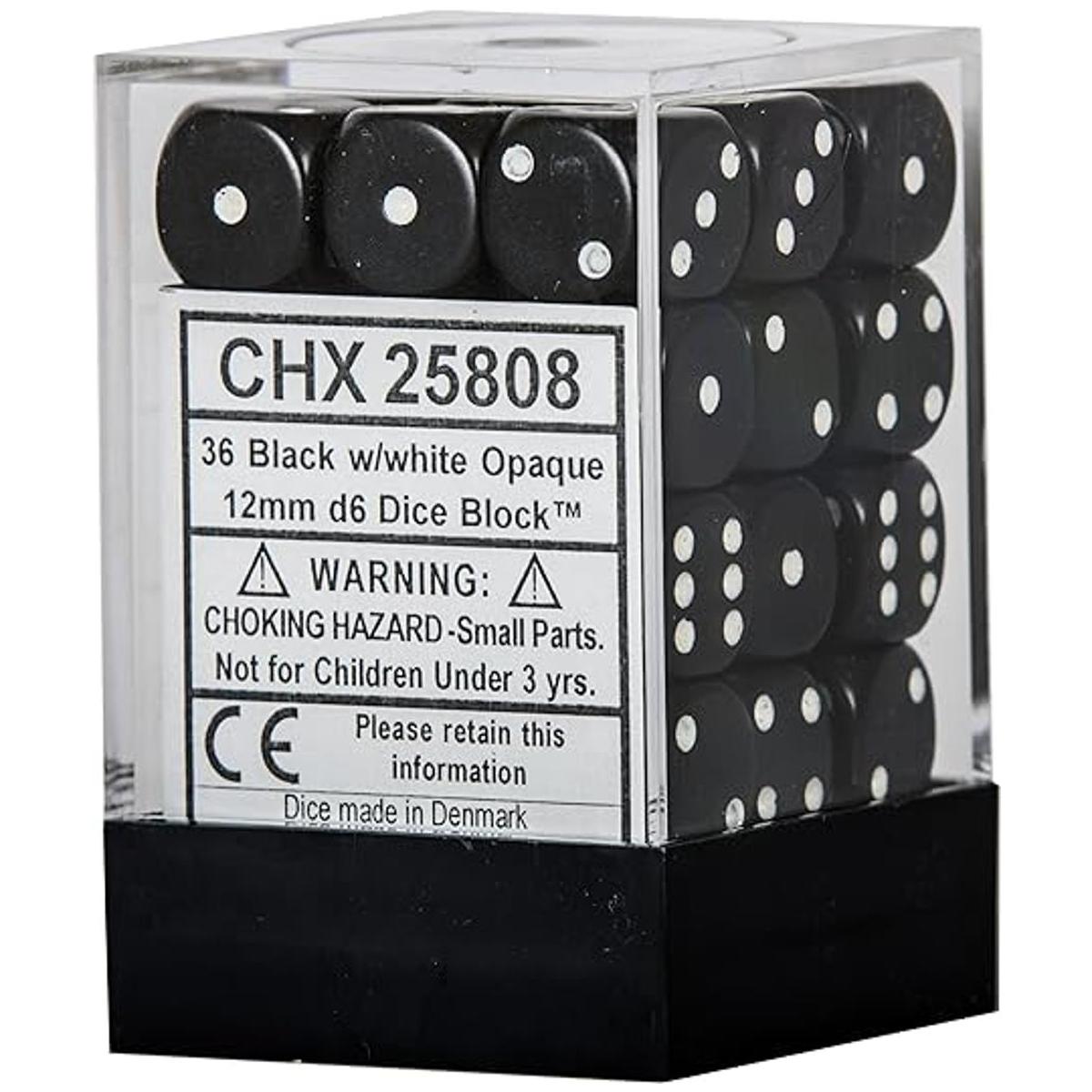 Negro con bloque de dados blanco 0.472 in D6 paquete de 36