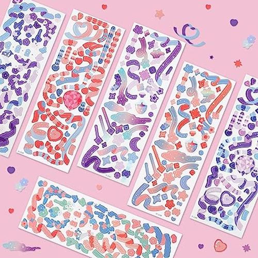 6 hojas de pegatinas de cinta de corazón coloridas