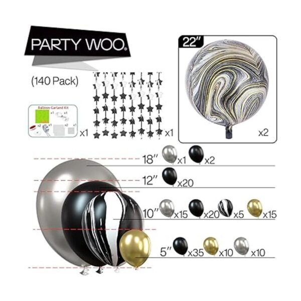PartyWoo Juego de 140 globos negros y dorados guirnalda_4