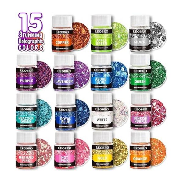 LEOBRO Purpurina gruesa holográfica 15 colores para