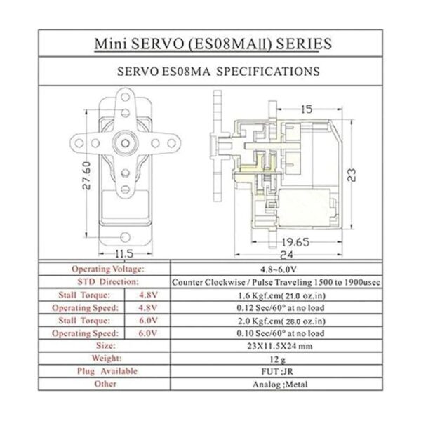 ES08MA II Mini engranaje de metal analógico servo a prueba
