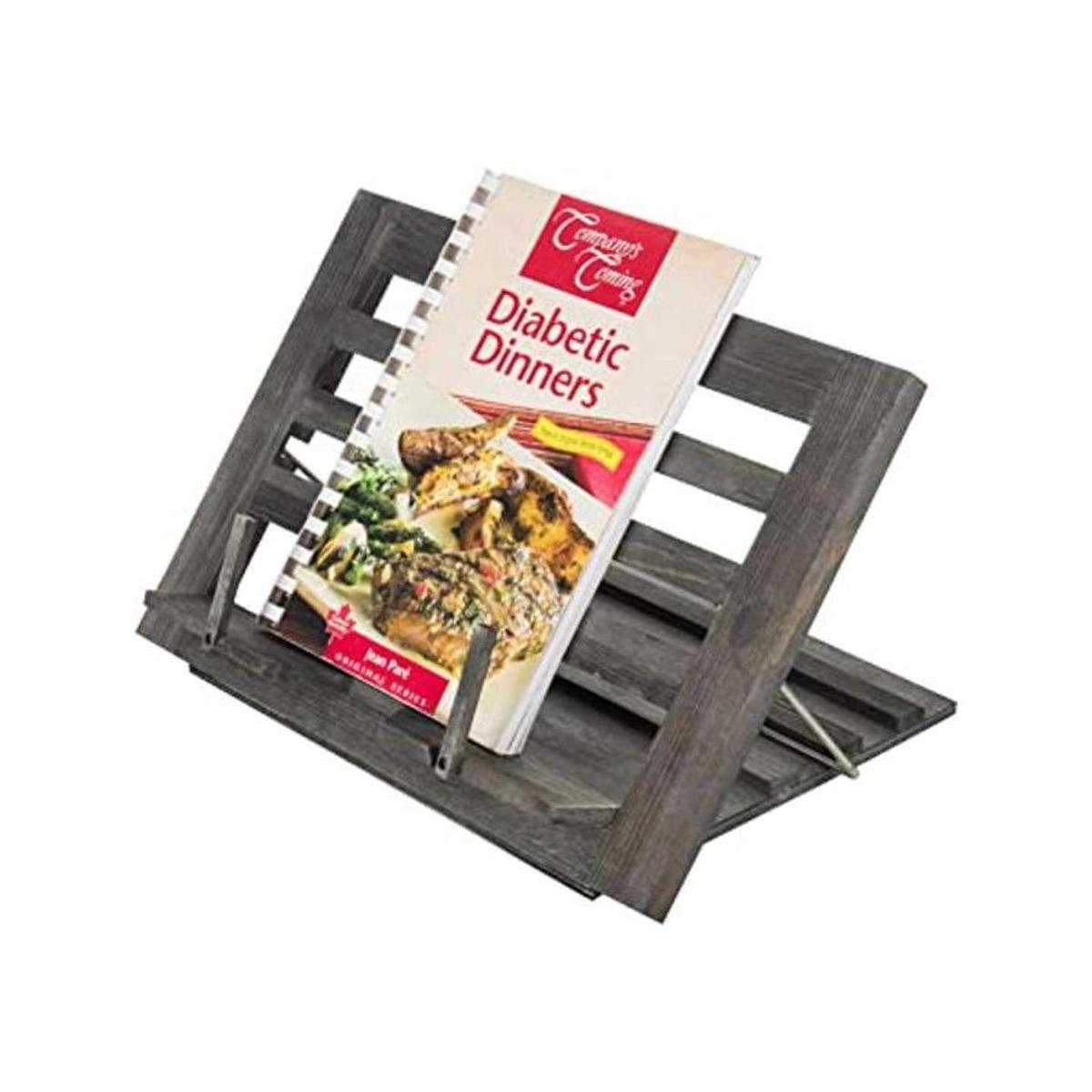 MyGift Soporte para libros de cocina de madera gris