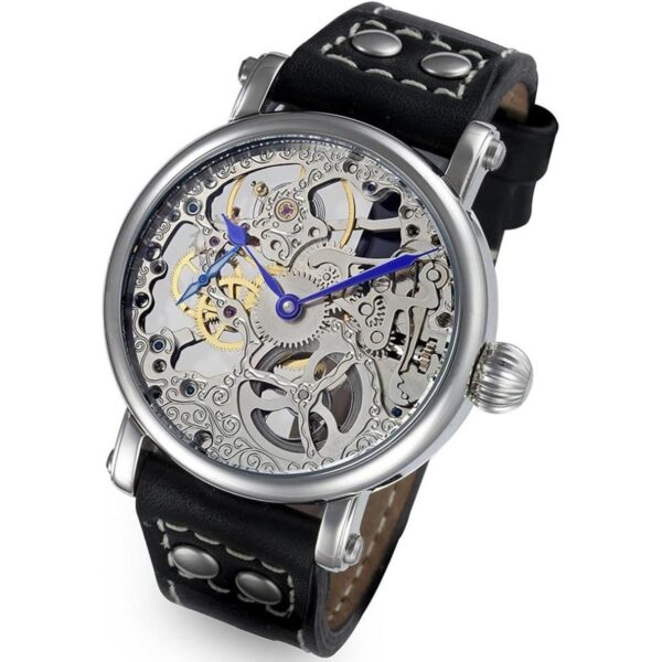 Rougois mechanique Plata Esqueleto Reloj De piel Negro_1