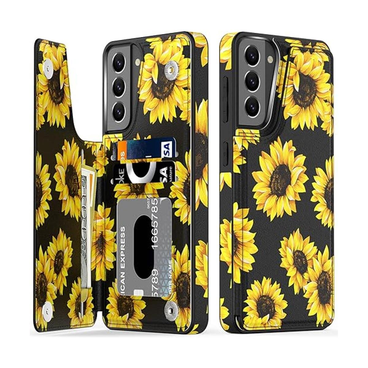 LETO Funda para Galaxy S21 con tapa y diseño de flores de