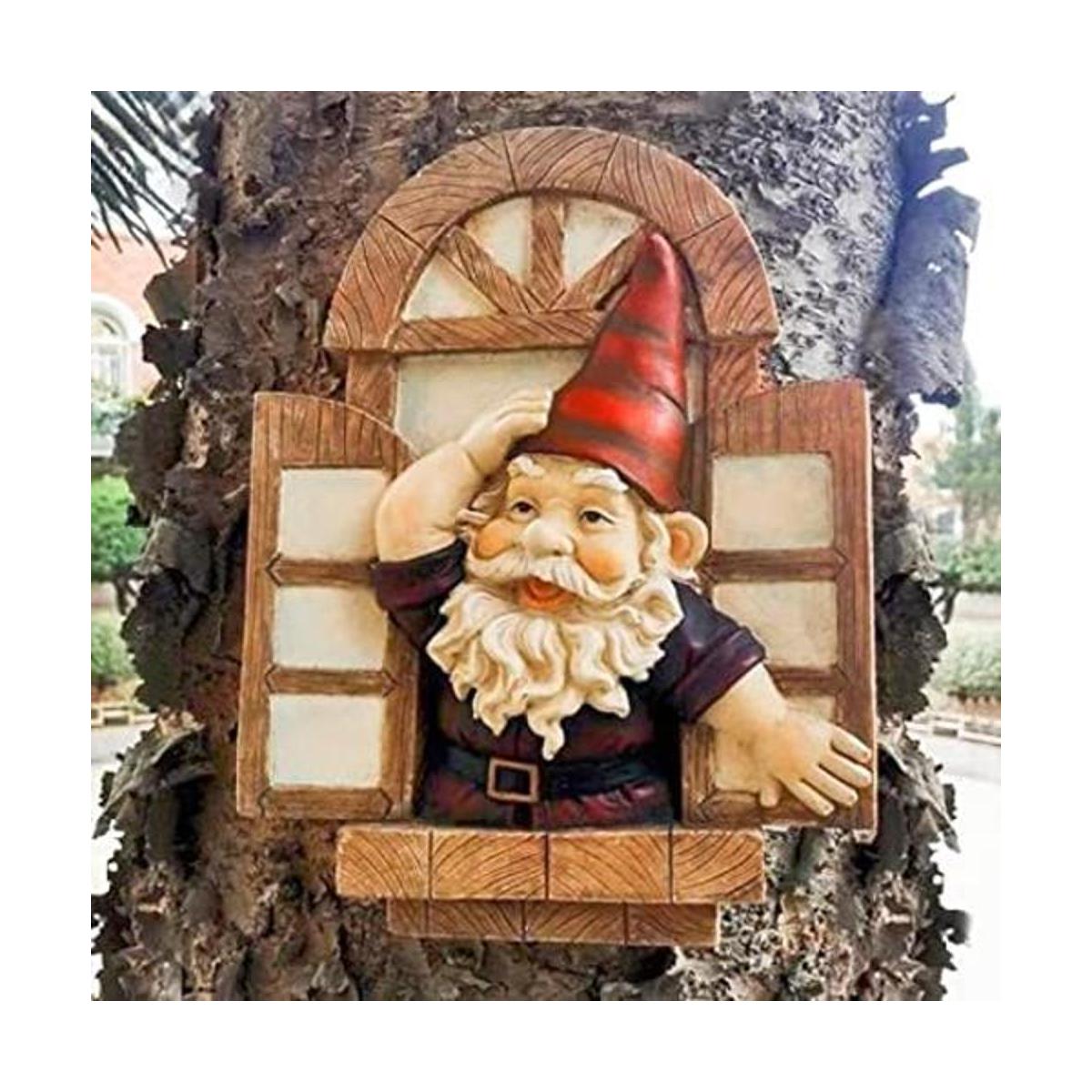 Gnomes Elfo abrazo de árbol de ventana abierta mirador de