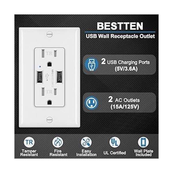 BESTTEN Toma de corriente USB de 3.6 A receptáculo de
