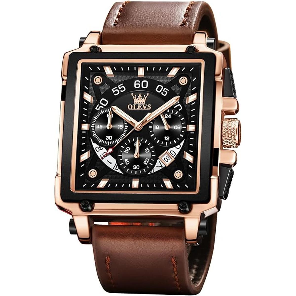 OLEVS Relojes cuadrados para hombres de cuero marrón