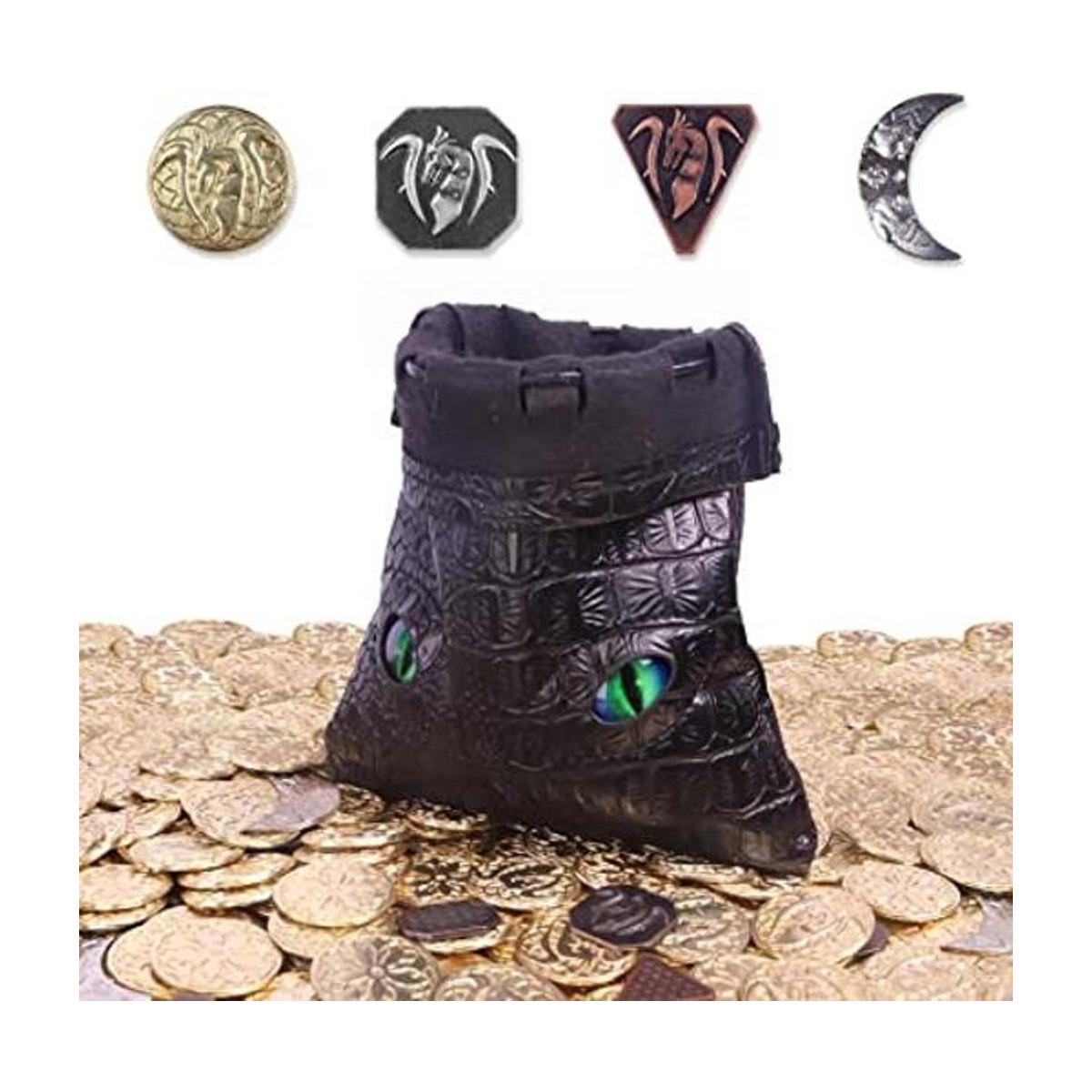 145 monedas de metal DND y bolsa de cuero contiene 60