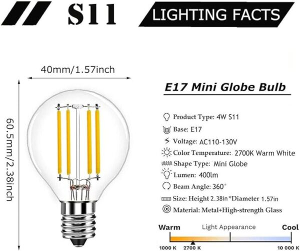 Paquete de 2 bombillas LED E17 S11 base intermedia E17 de