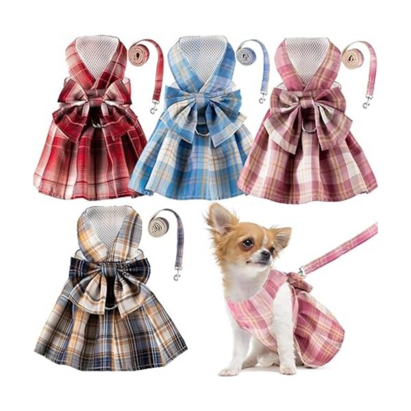4 piezas de vestido a cuadros para perro arnés con_1