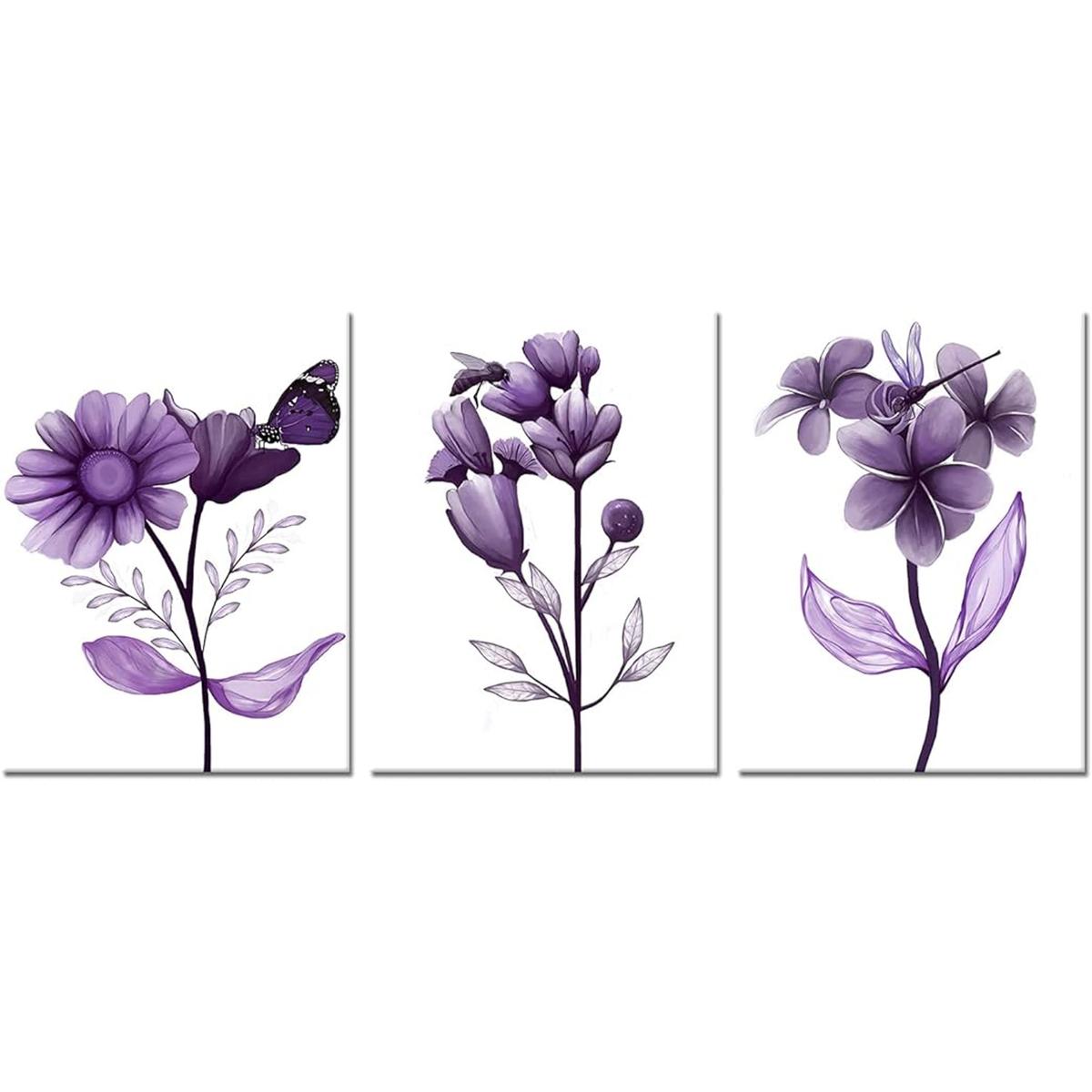 sechars 3 piezas de lienzo de flores moradas arte