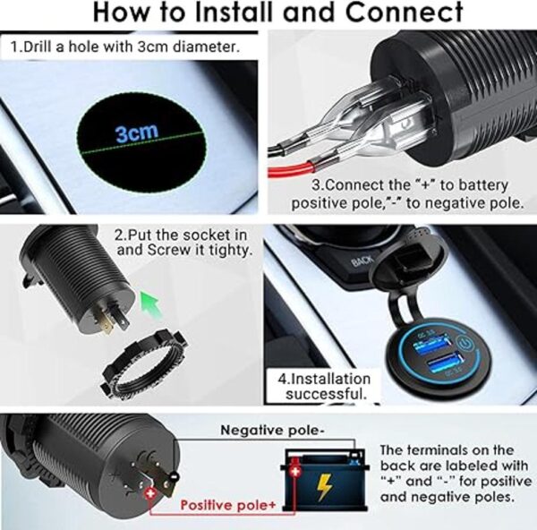 Paquete de 2 Tomacorriente USB de 12 V carga rápida 3.0