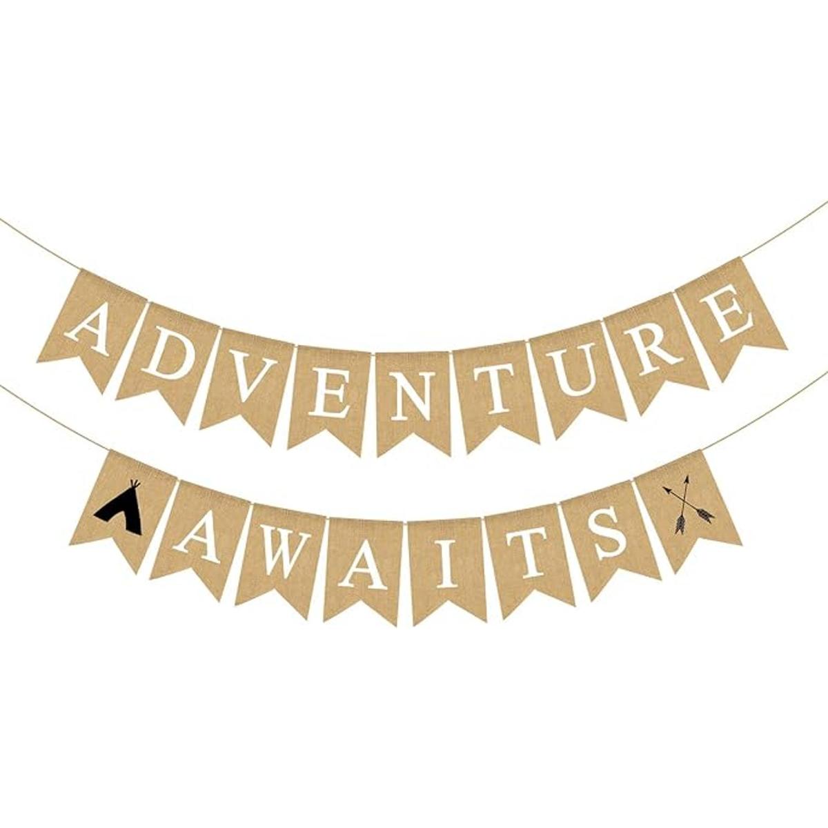 Yute Burlap Adventure Awaits Banner Fiesta de Graduación