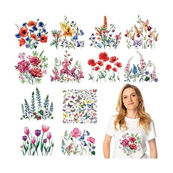 12 hojas de calcomanías para planchar con flores