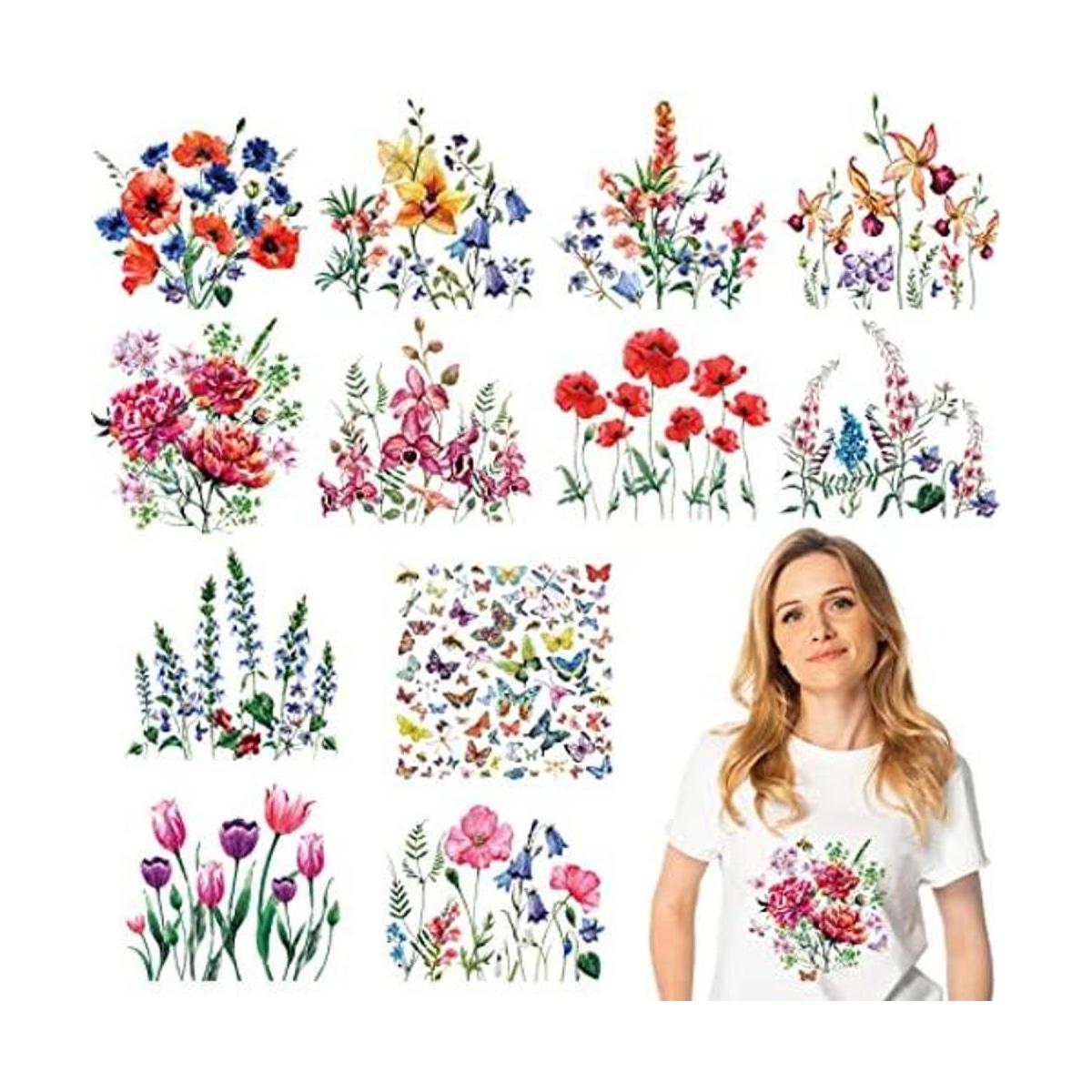 12 hojas de calcomanías para planchar con flores