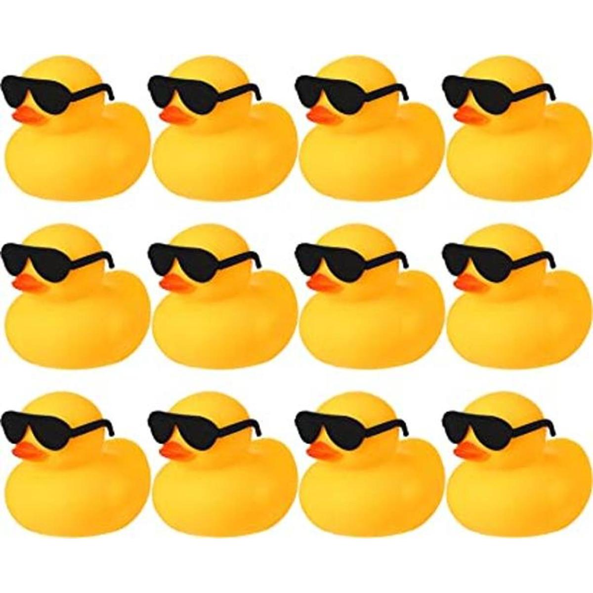 12 patos de goma con 12 lentes de sol sombreros