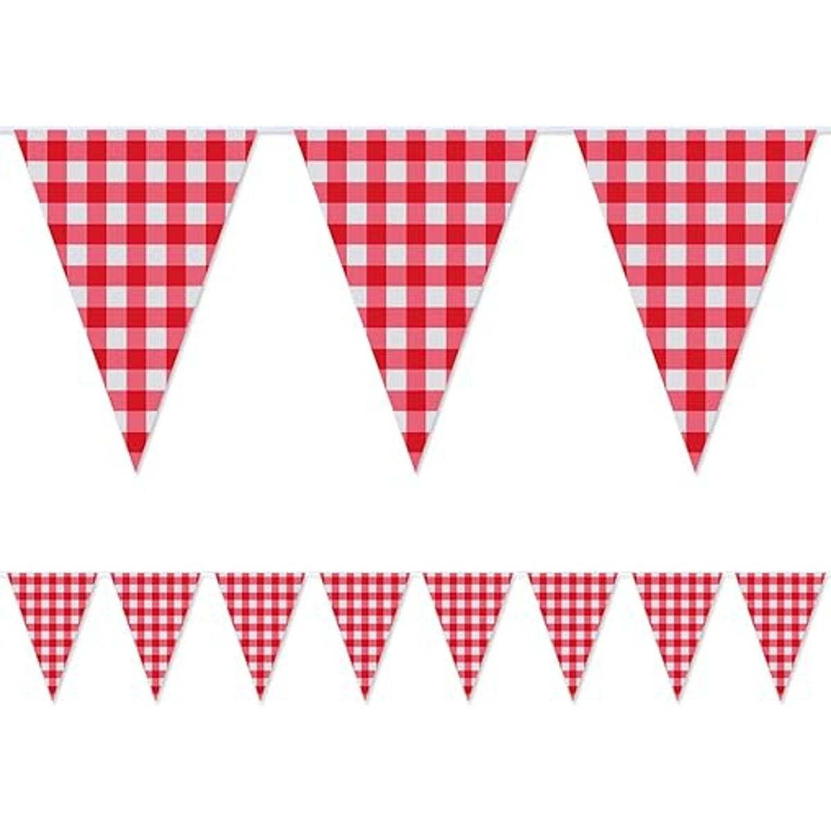 2 banderines grandes de plástico rojo y blanco a cuadros