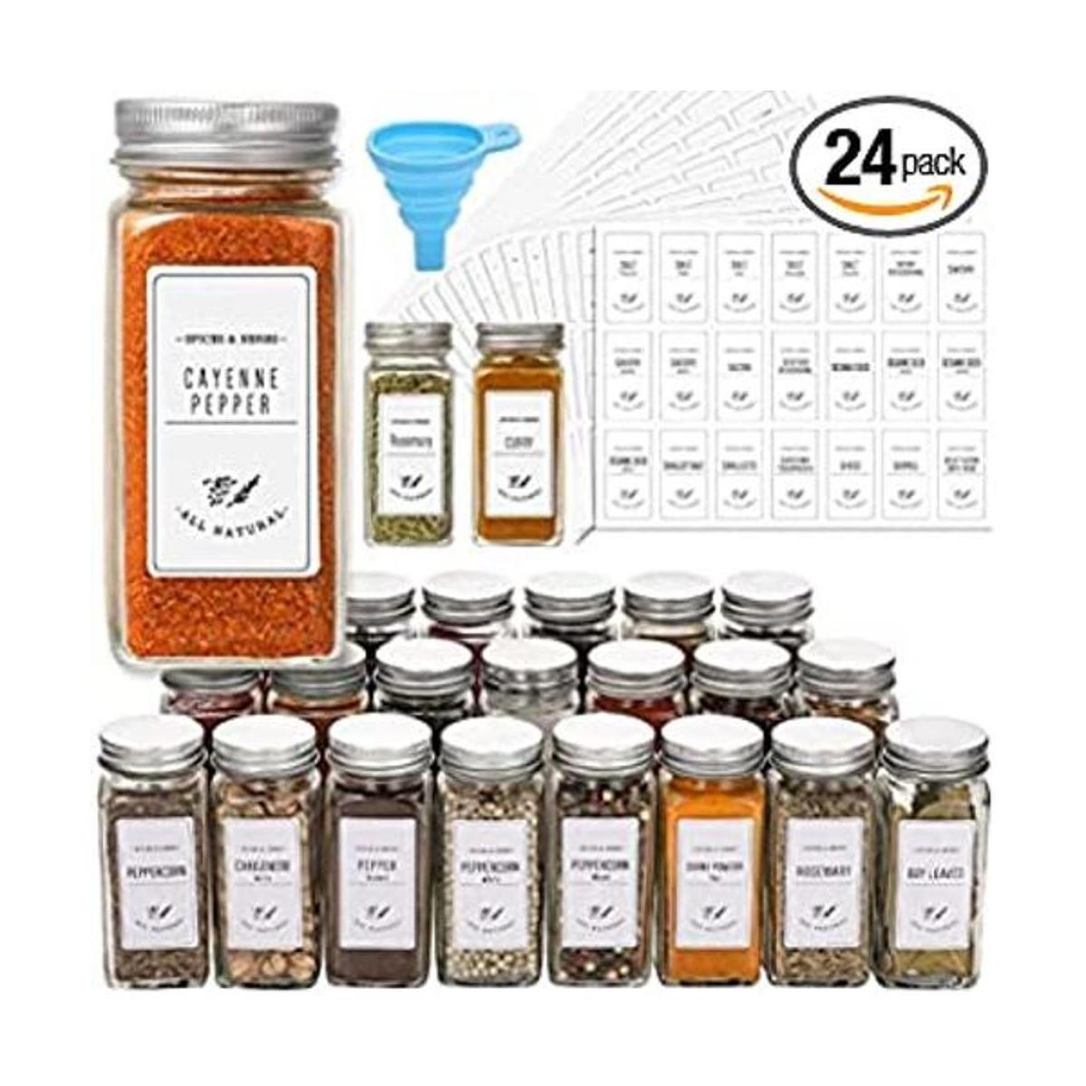 24 frascos de vidrio para especias con etiquetas blancas