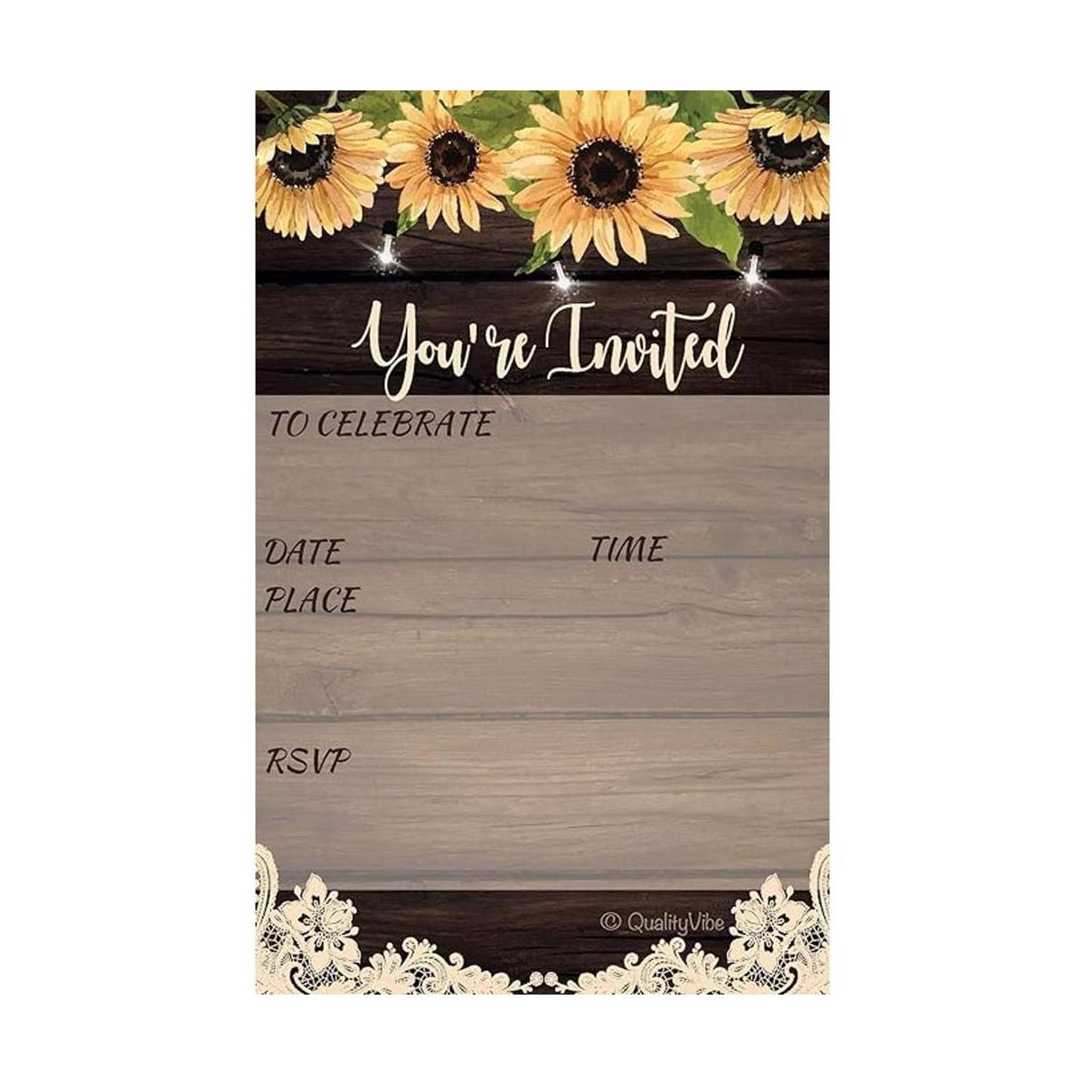 25 invitaciones de girasol madera rústica y encaje con 25