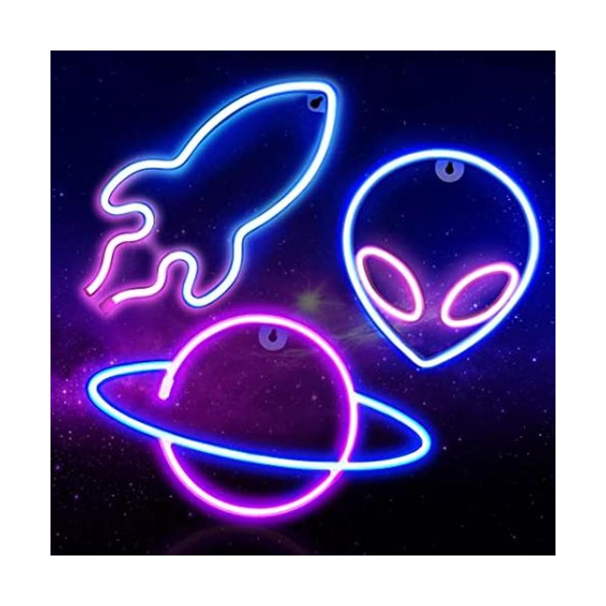 3 letreros de neón extraterrestre planet cohete luz de