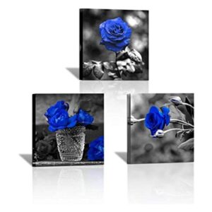 3 paneles de lienzo de rosa azul arte de pared con flores_1