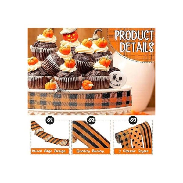 3 rollos de cintas de envoltura a cuadros naranja y negro