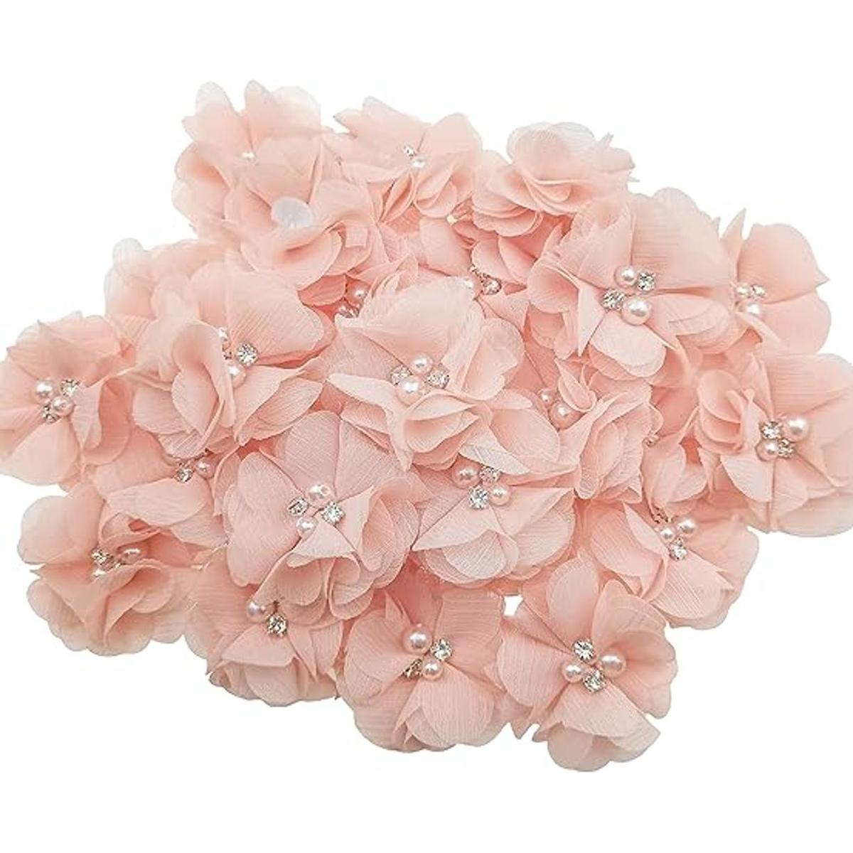 30 apliques de tela de costura de flores de gasa rosa
