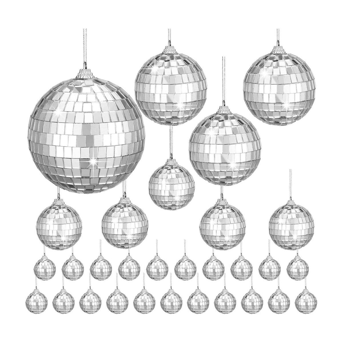 30 bolas de espejo de discoteca plateadas colgantes con
