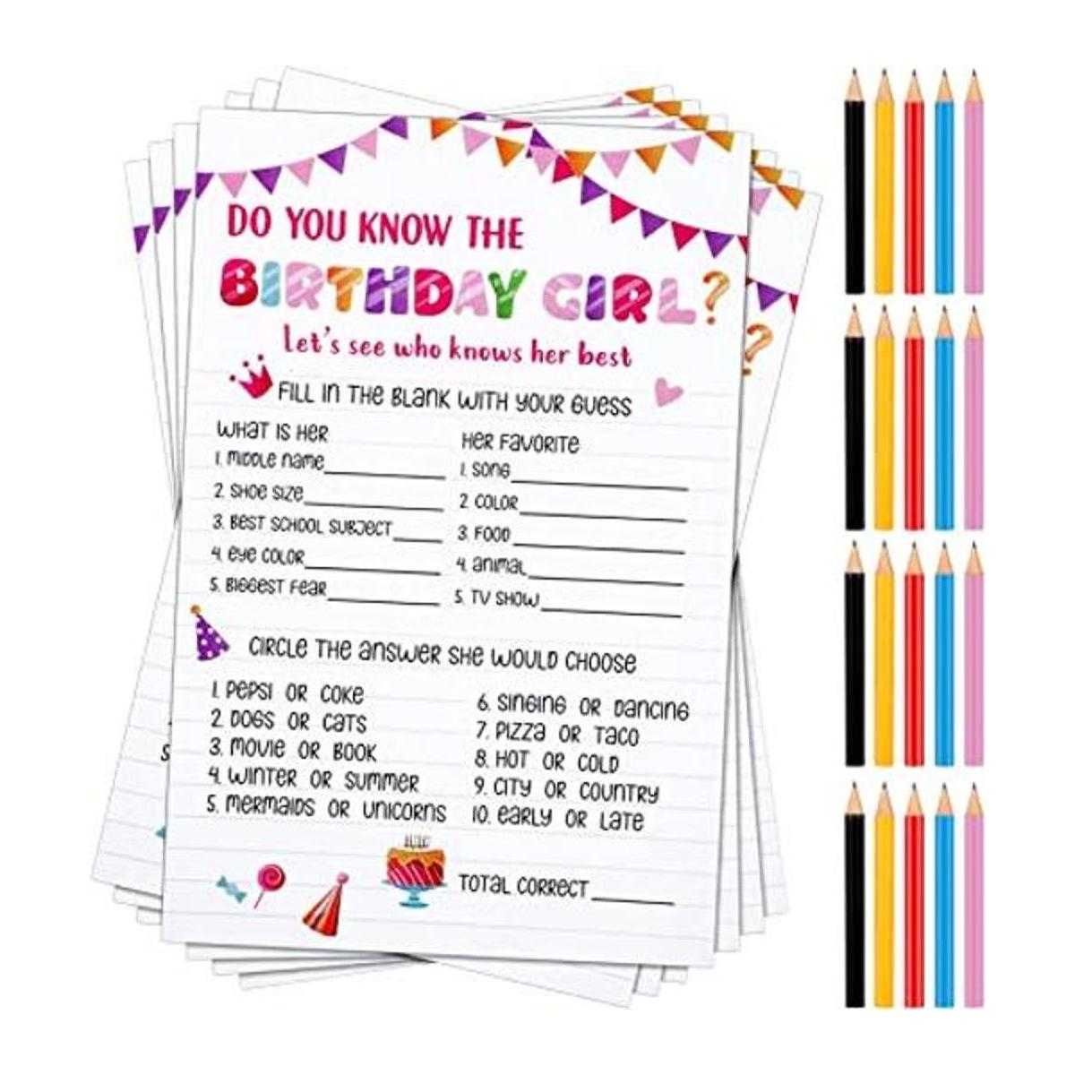 50 hojas de tarjetas de juego de fiesta de cumpleaños para