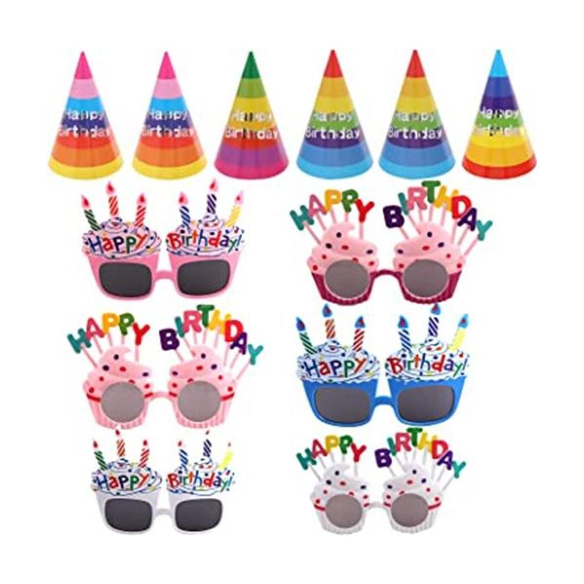 6 sombreros de feliz cumpleaños y 6 lentes de sol de feliz