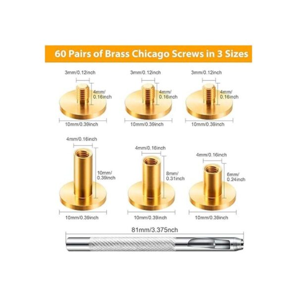 60 pares de 3 tamaños de latón Chicago tornillos de cuero