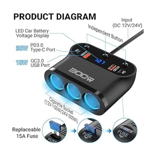 Adaptador divisor de encendedor de cigarrillos de 300 W_2