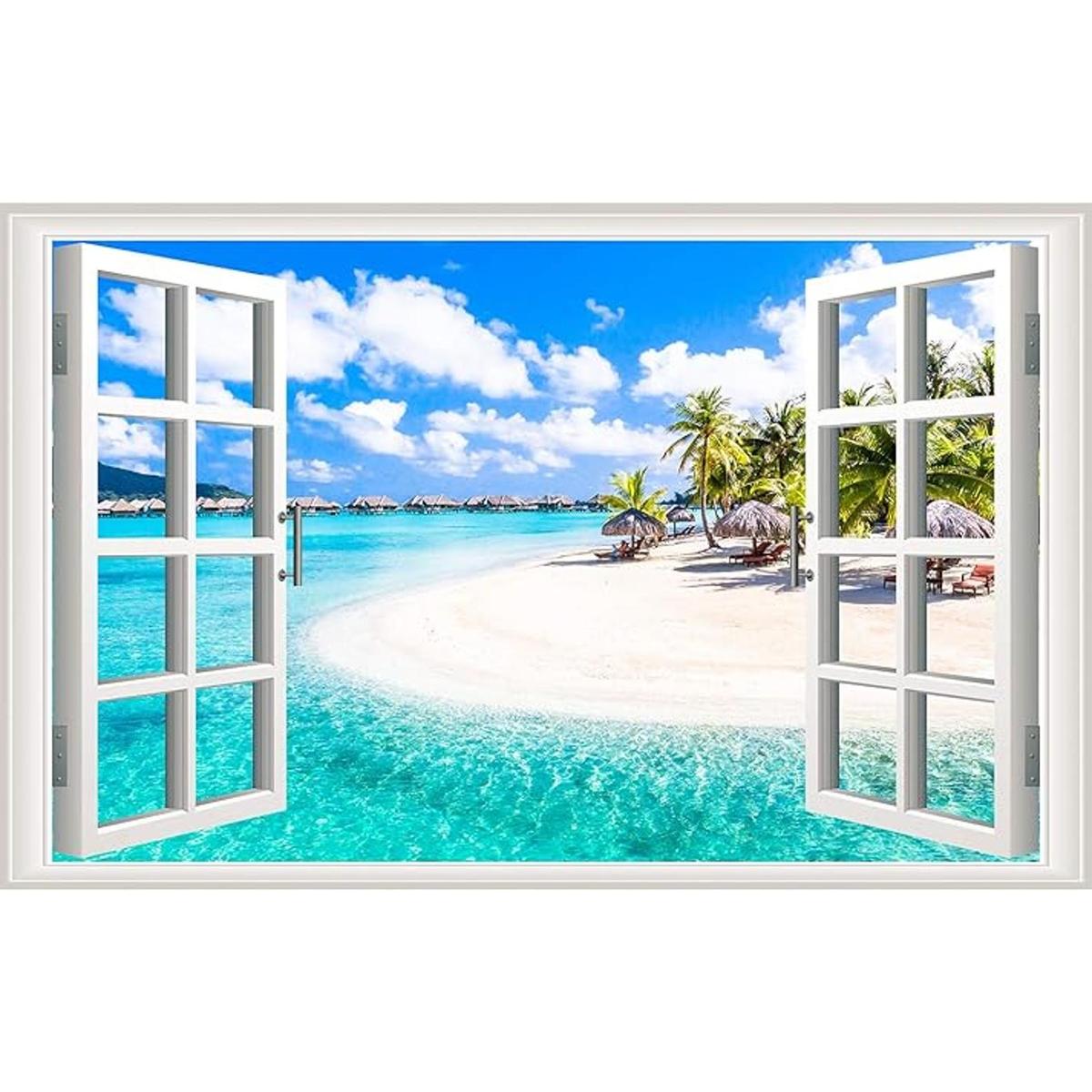 Adhesivos de pared para ventanas falsas de playa 3D de