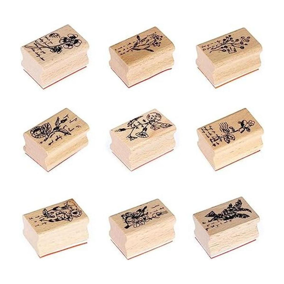 Tvoip Juego de 9 sellos de madera con patrón de flores
