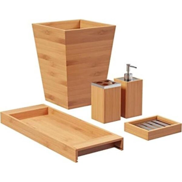 Lavish Home Juego de accesorios de baño de bambú con bote_1