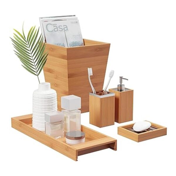 Lavish Home Juego de accesorios de baño de bambú con bote_2