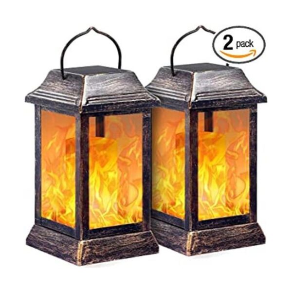 TomCare Paquete de 2 faroles solar de metal con llama_1
