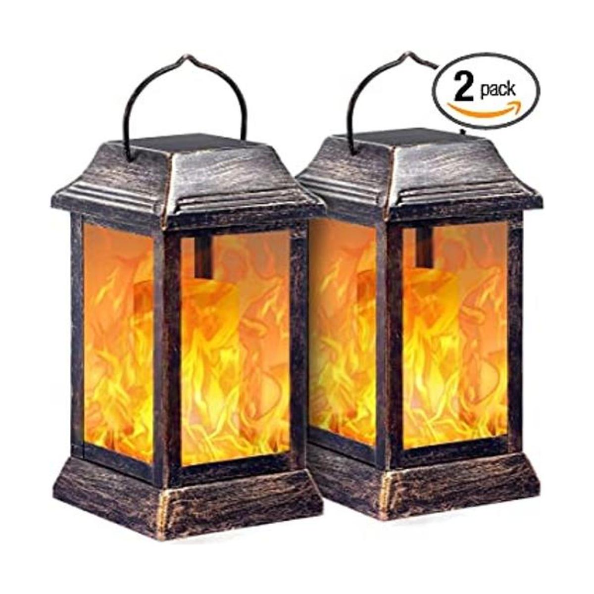 TomCare Paquete de 2 faroles solar de metal con llama