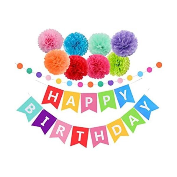 Banner de decoraciones de feliz cumpleaños con pompones de_1