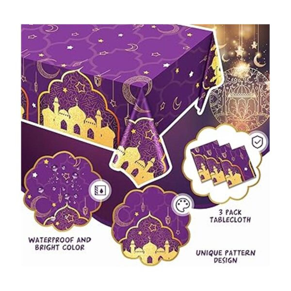 Mantel de plástico morado y dorado de 3 piezas mantel de