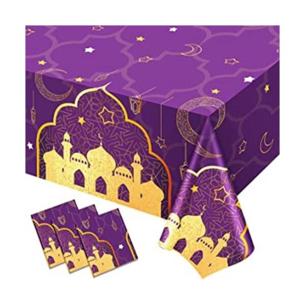 Mantel de plástico morado y dorado de 3 piezas mantel de