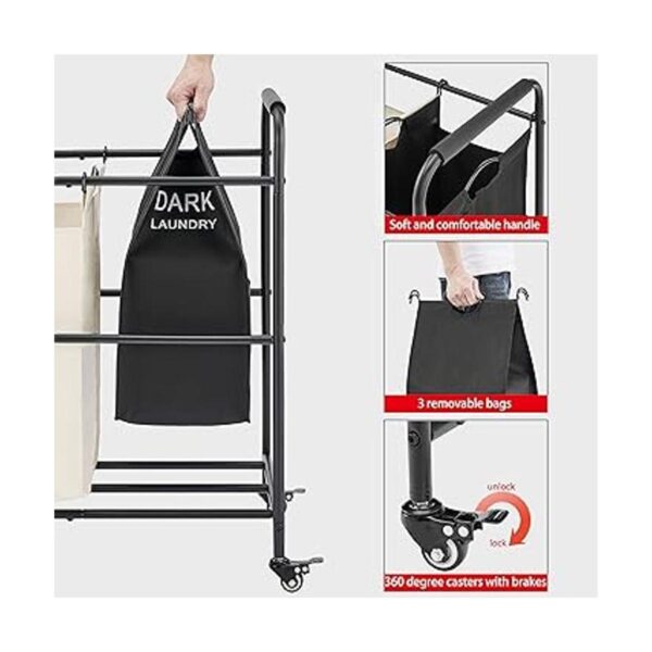 Tajsoon Carrito clasificador de ropa sucia de 3 bolsas