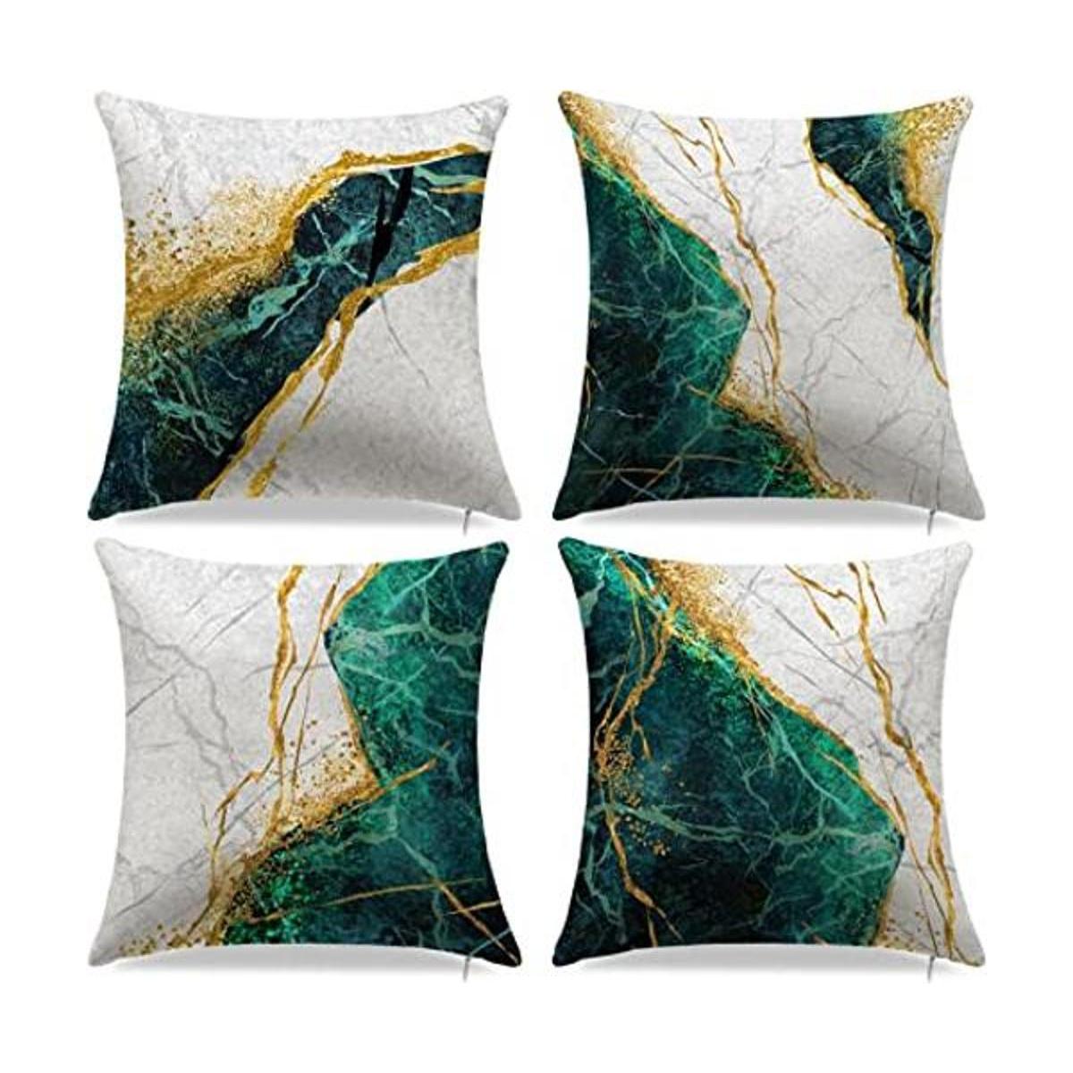 Juego de 4 fundas de almohada de mármol verde y dorado