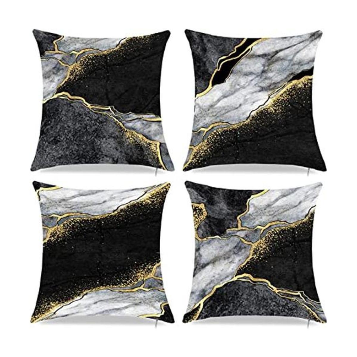 Fundas de almohada de mármol negro y dorado 18 x 18