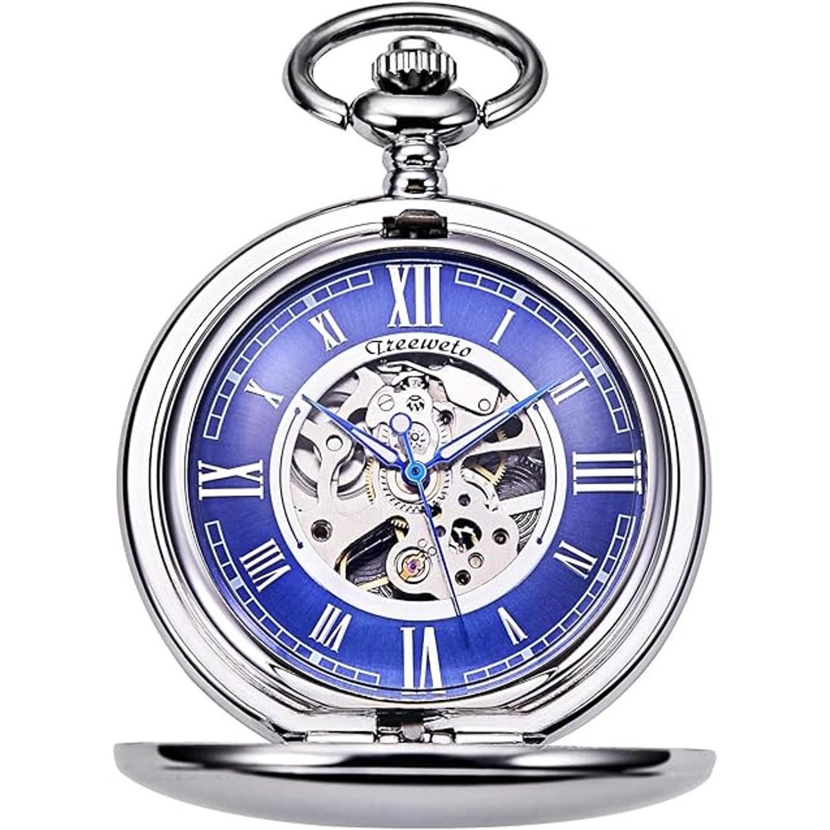 TREEWETO Reloj de bolsillo liso doble serie esqueleto