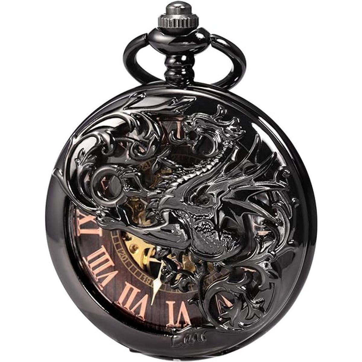 Treeweto Reloj de bolsillo mecánico de dragón antiguo con
