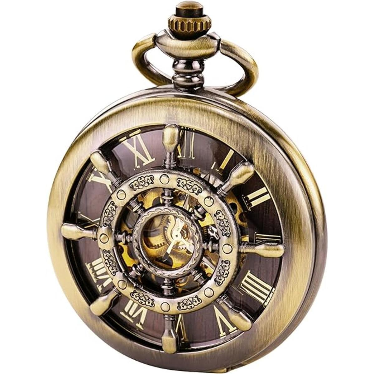 TREEWETO Reloj de bolsillo con doble cubierta de bronce