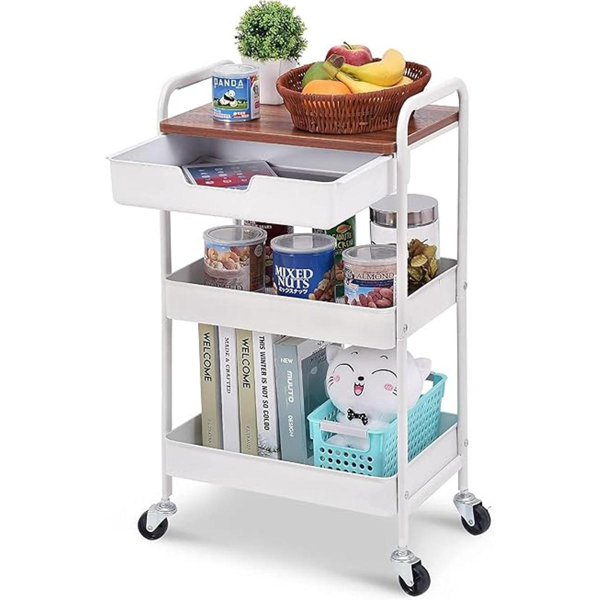 TOOLF Carrito rodante de 3 niveles con tabla de madera y