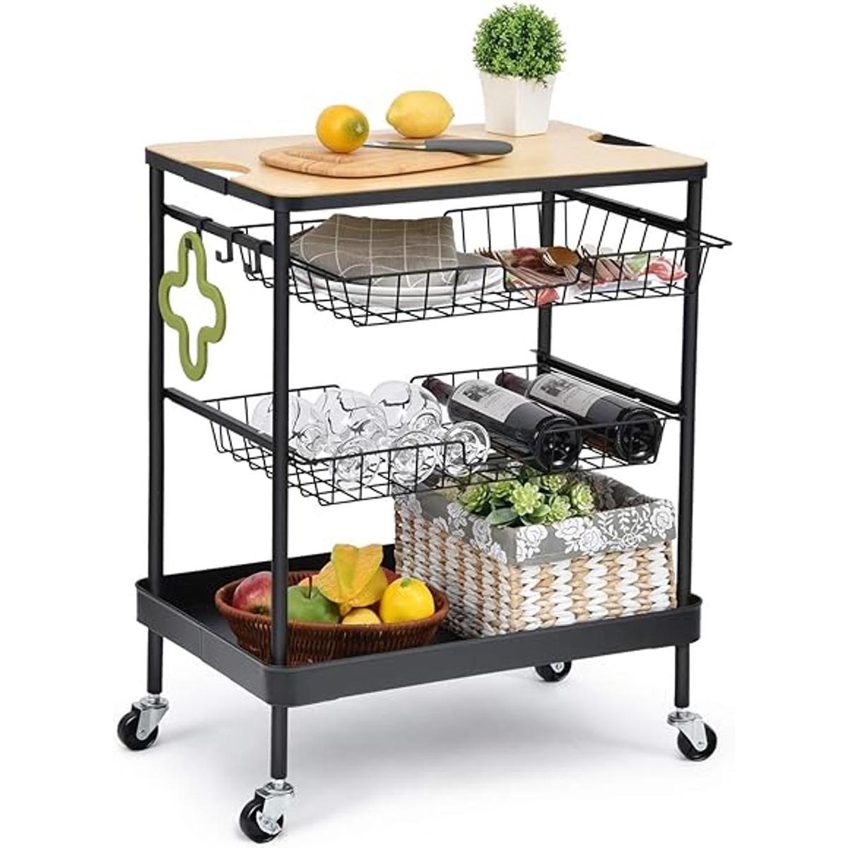 TOOLF Kitchen Island Carrito de servir con mesa de madera