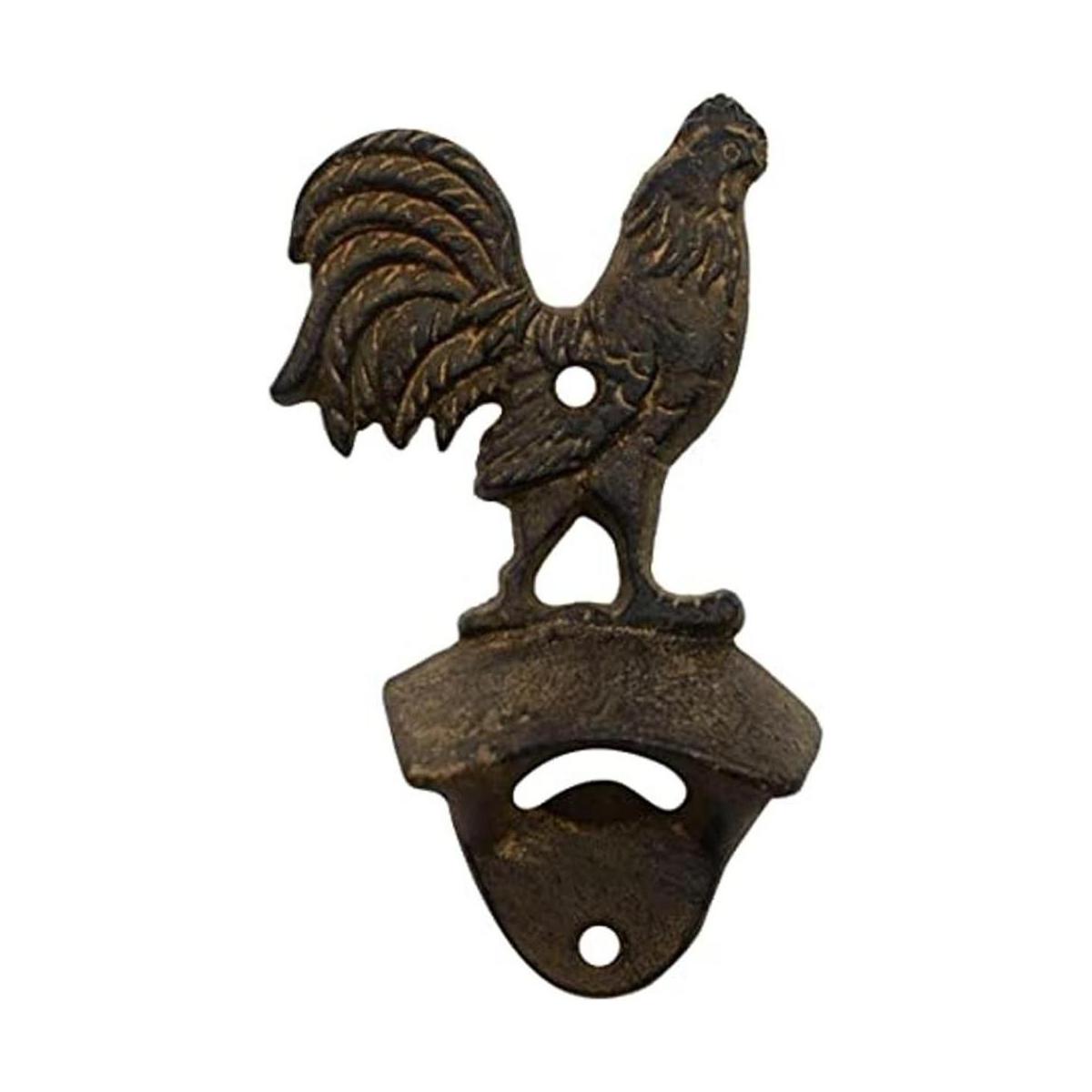 Soporte de pared de hierro fundido gallo cerveza abridor